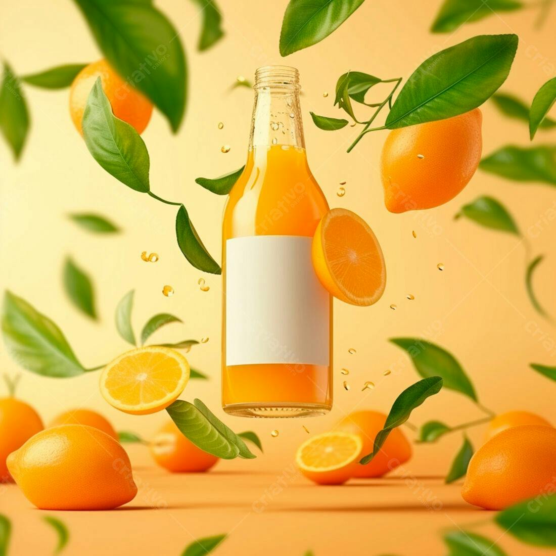 Suco de laranja em garrafa com laranjas e folhas