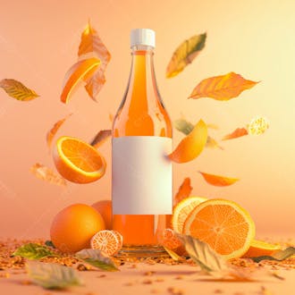 Garrafa de suco de laranja com folhas de laranjeira 15