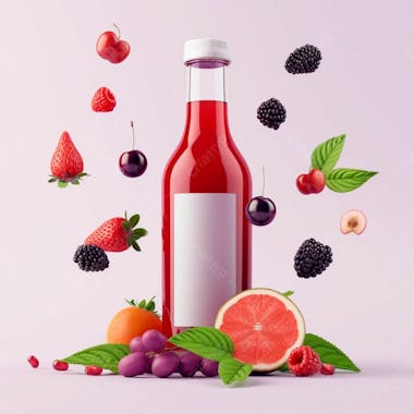 Garrafa de suco de frutas vermelhas com as frutas ao redor 2