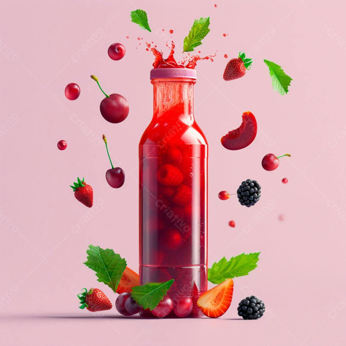 Suco de frutas vermelhas garrafa fundo rosa