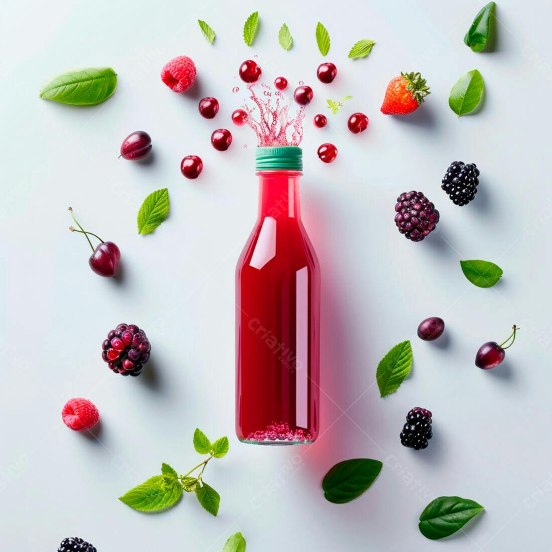 Suco de frutas vermelhas em garrafa com morangos e mirtilos