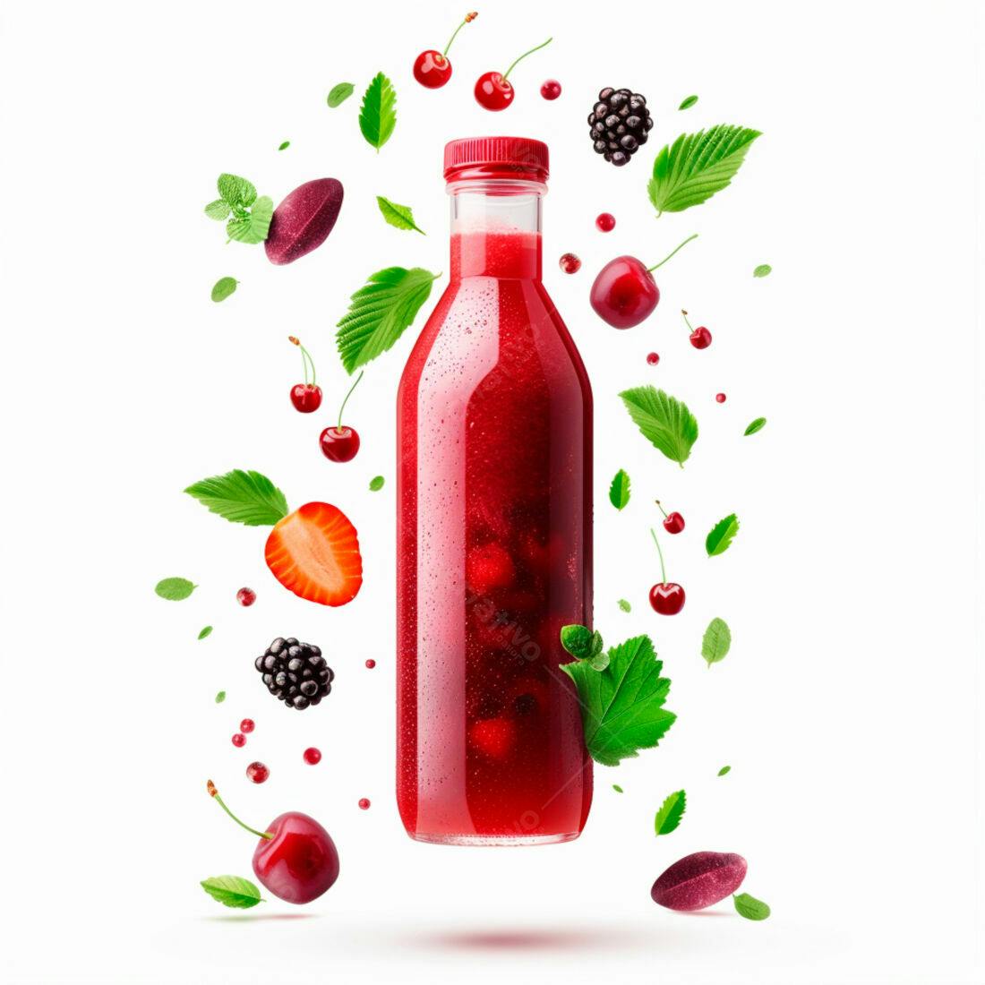 Suco de frutas vermelhas em garrafa de vidro