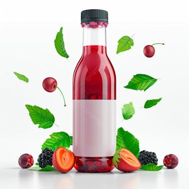 Garrafa de suco de frutas vermelhas com as frutas ao redor 12