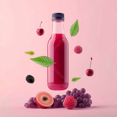 Garrafa de suco de frutas vermelhas com as frutas ao redor 16