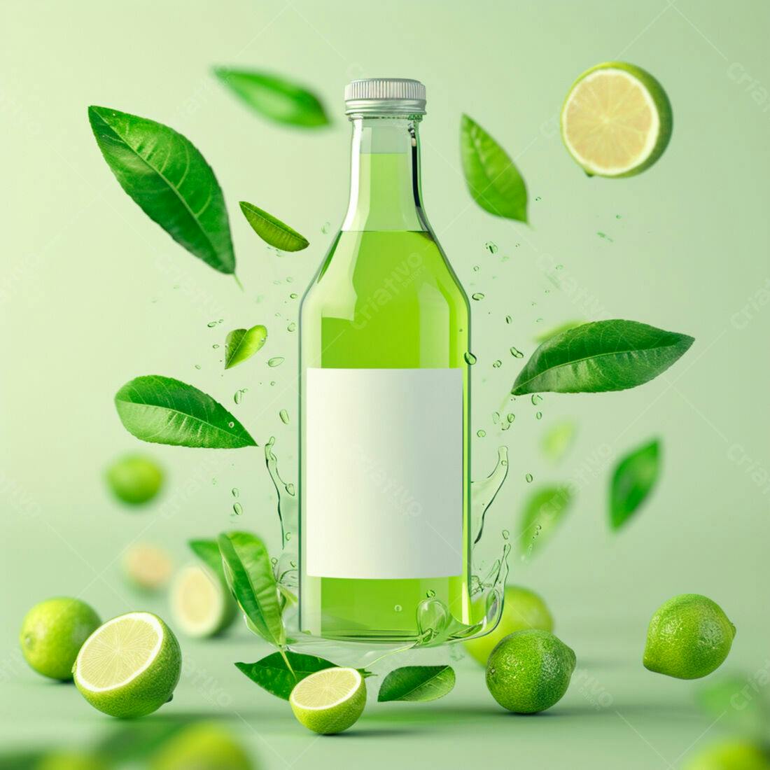 Garrafa de suco verde com limões e folhas