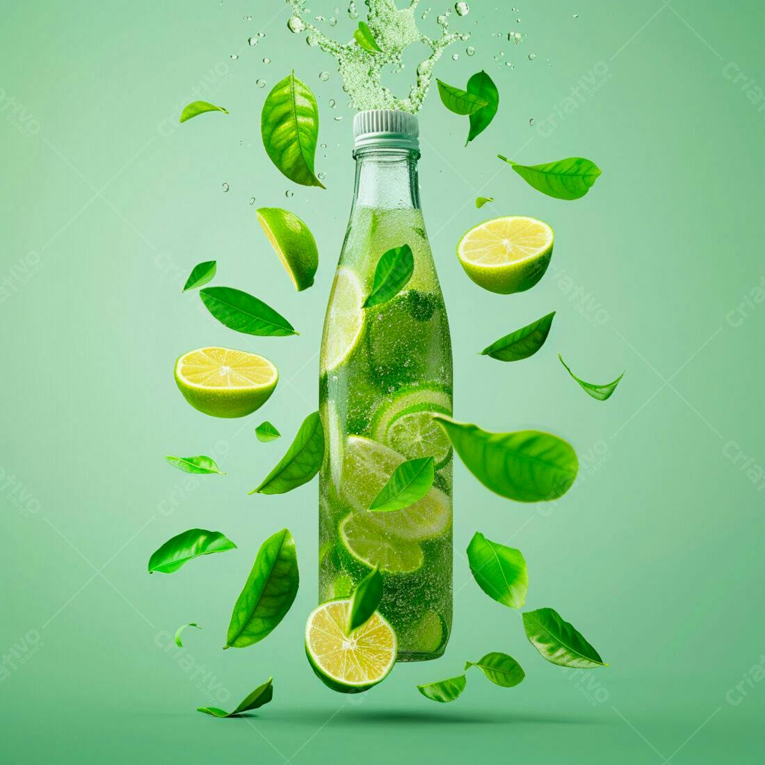 Garrafa de limonada com limões e folhas