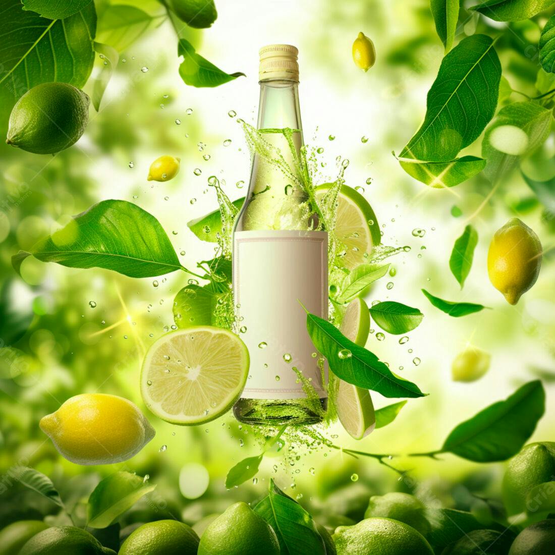 Garrafa de suco cítrico com limões e limas