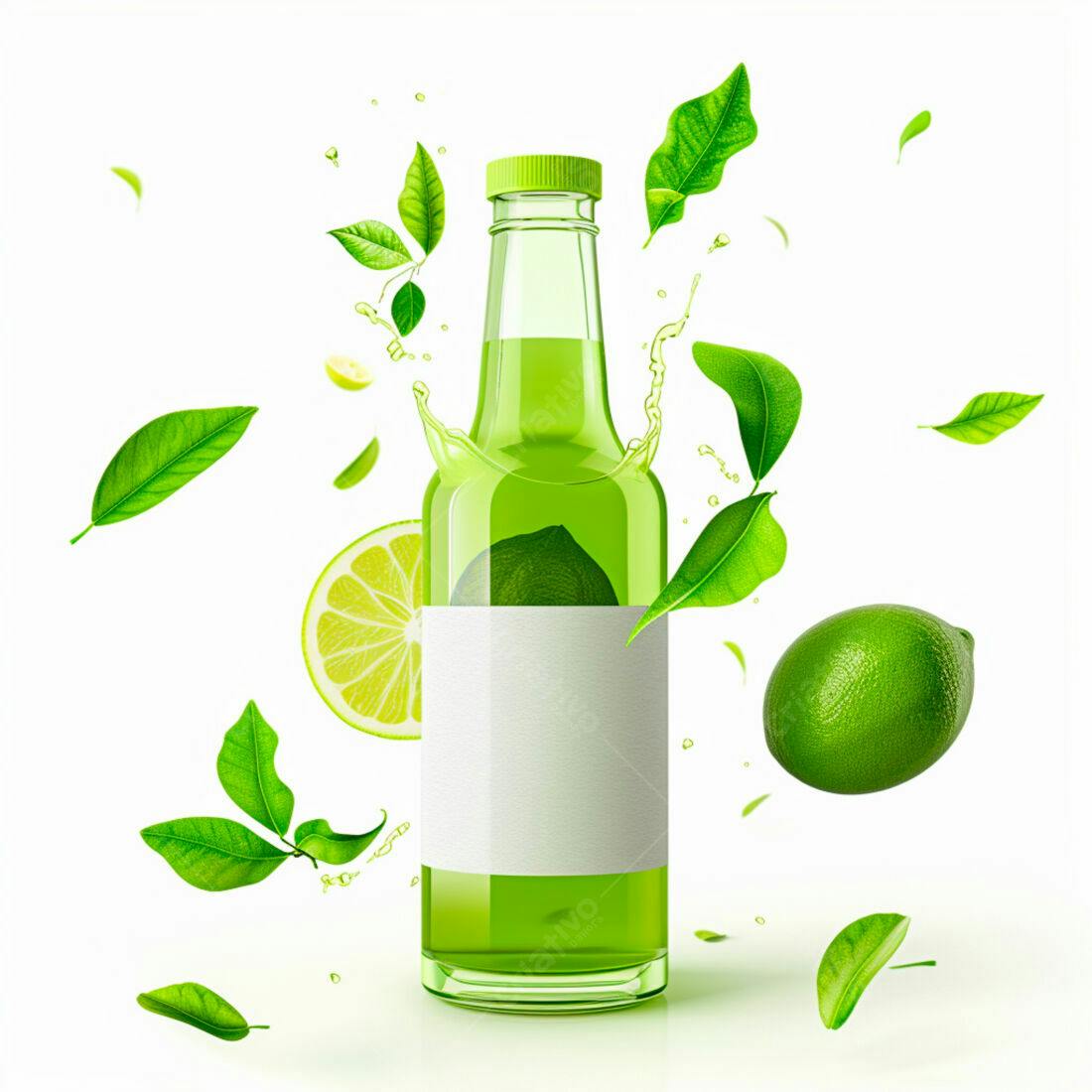 Garrafa de suco de limão com folhas verdes
