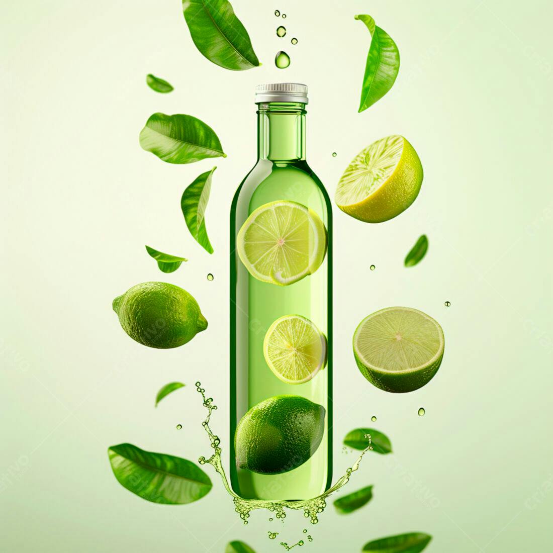 Garrafa de Limão Verde com Fatias e Folhas