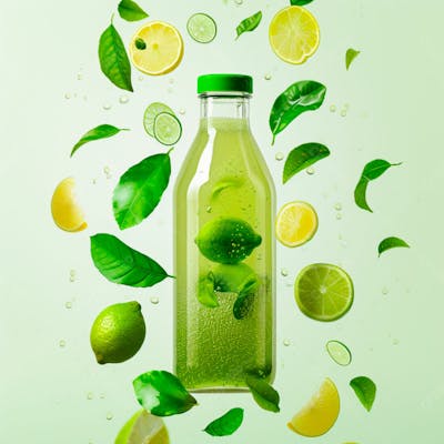 Garrafa De Suco De Limão Com Folhas E Limão Ao Redor 14