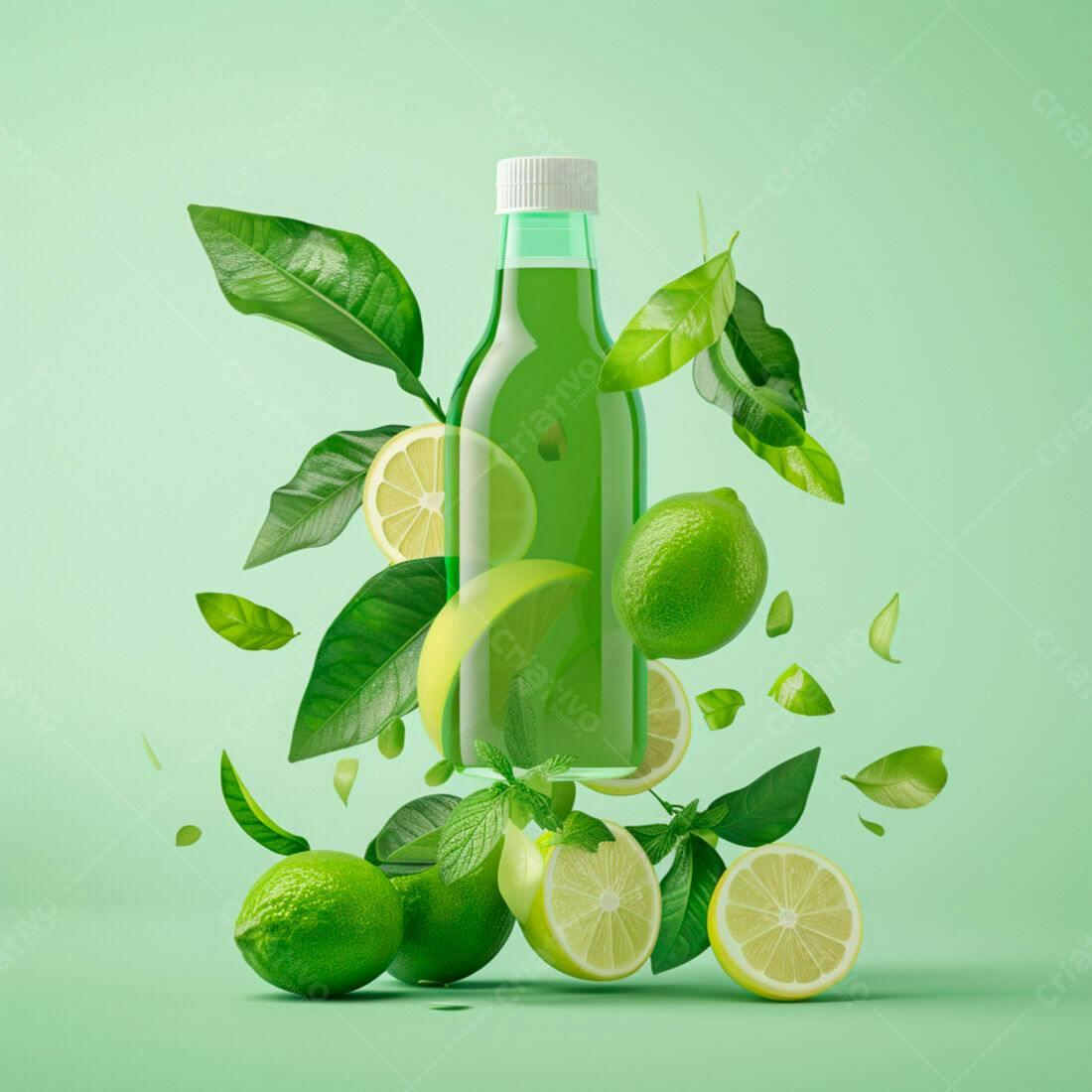 Garrafa de suco verde com limões e folhas