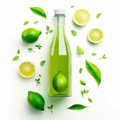 Garrafa De Suco De Limão Com Folhas E Limão Ao Redor 16