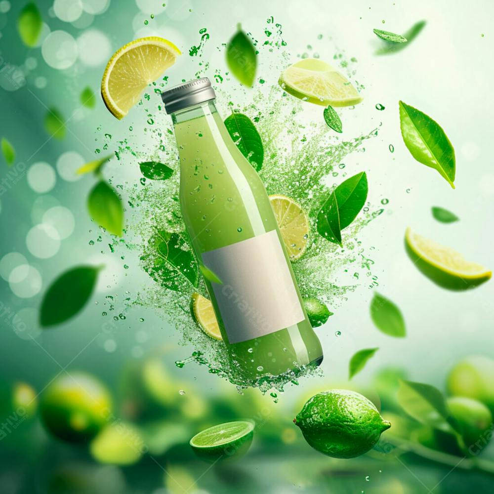 Garrafa De Suco De Limão Com Folhas E Limão Ao Redor 17