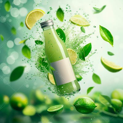 Garrafa De Suco De Limão Com Folhas E Limão Ao Redor 17