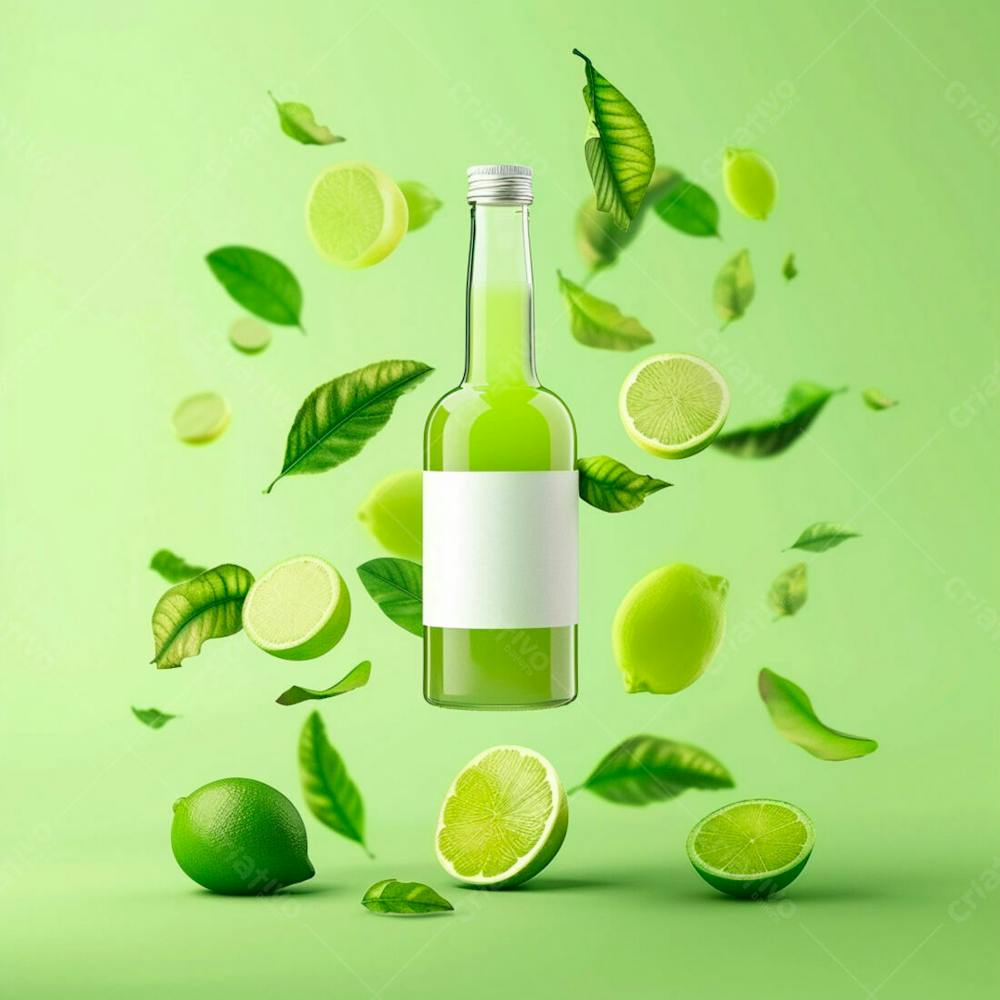 Garrafa De Suco De Limão Com Folhas E Limão Ao Redor 19