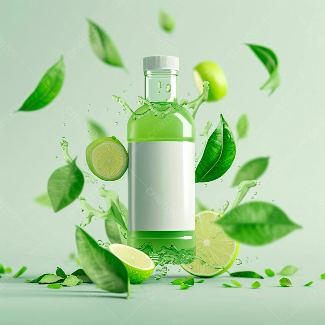 Garrafa de suco verde com limas e folhas