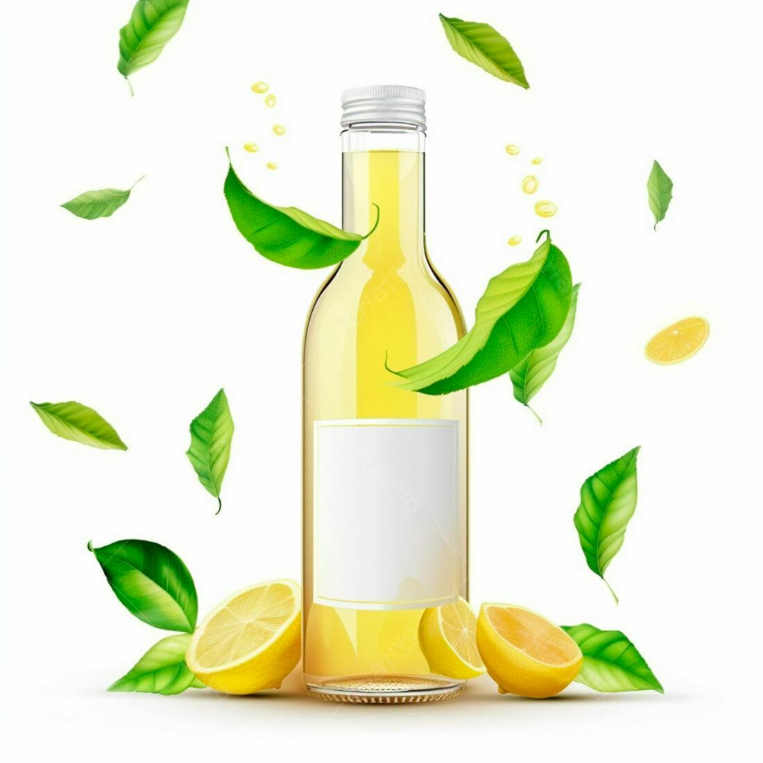 Garrafa de limonada com limões e folhas