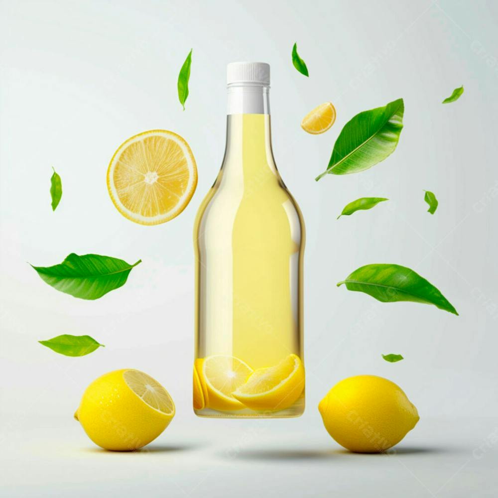 Garrafa De Suco De Limão Com Folhas E Limão Ao Redor 26