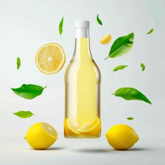 Garrafa de suco de limão com folhas e limão ao redor 26