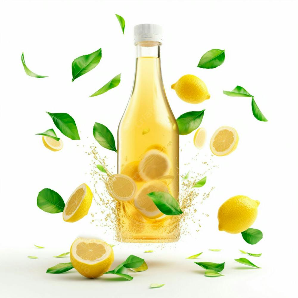 Garrafa De Suco De Limão Com Folhas E Limão Ao Redor 27