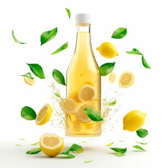 Garrafa de suco de limão com folhas e limão ao redor 27