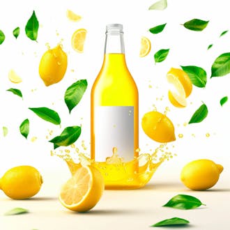 Garrafa de suco de limão com folhas e limão ao redor 28