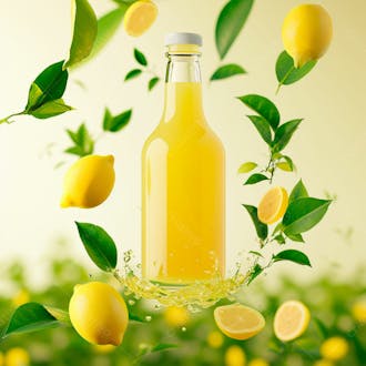 Garrafa de suco de limão com folhas e limão ao redor 29