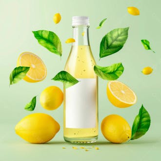 Garrafa de suco de limão com folhas e limão ao redor 31