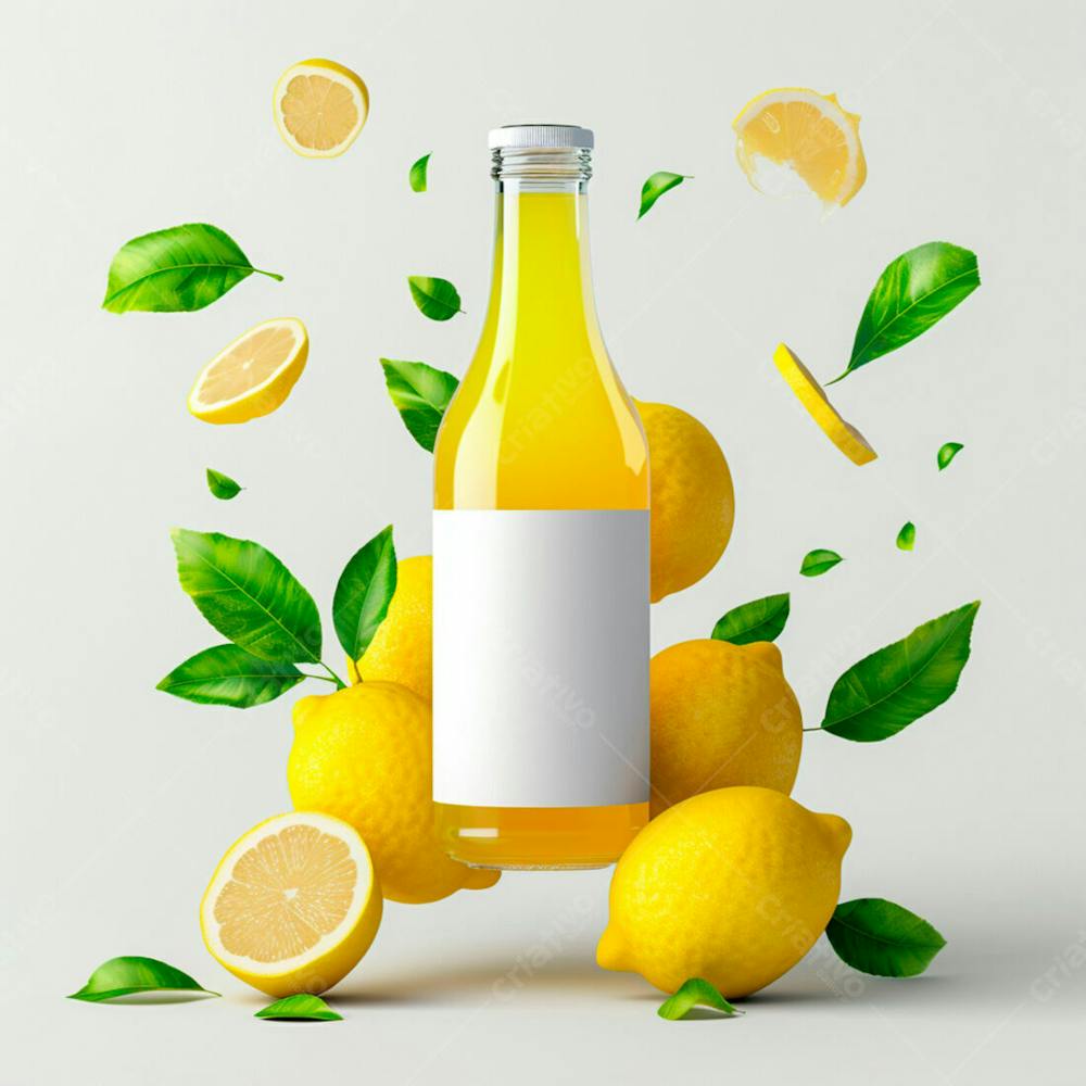 Garrafa De Suco De Limão Com Folhas E Limão Ao Redor 32
