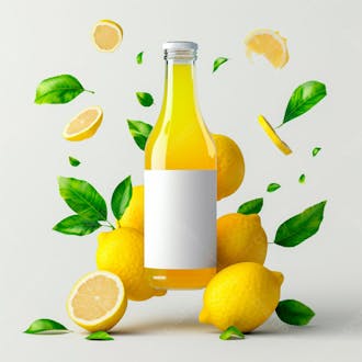 Garrafa de suco de limão com folhas e limão ao redor 32