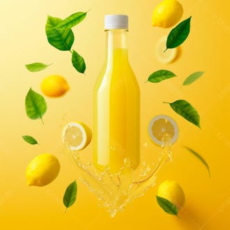 Garrafa de suco de limão com folhas e limão ao redor 33