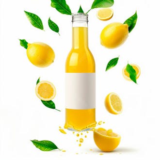 Garrafa de suco de limão com folhas e limão ao redor 34