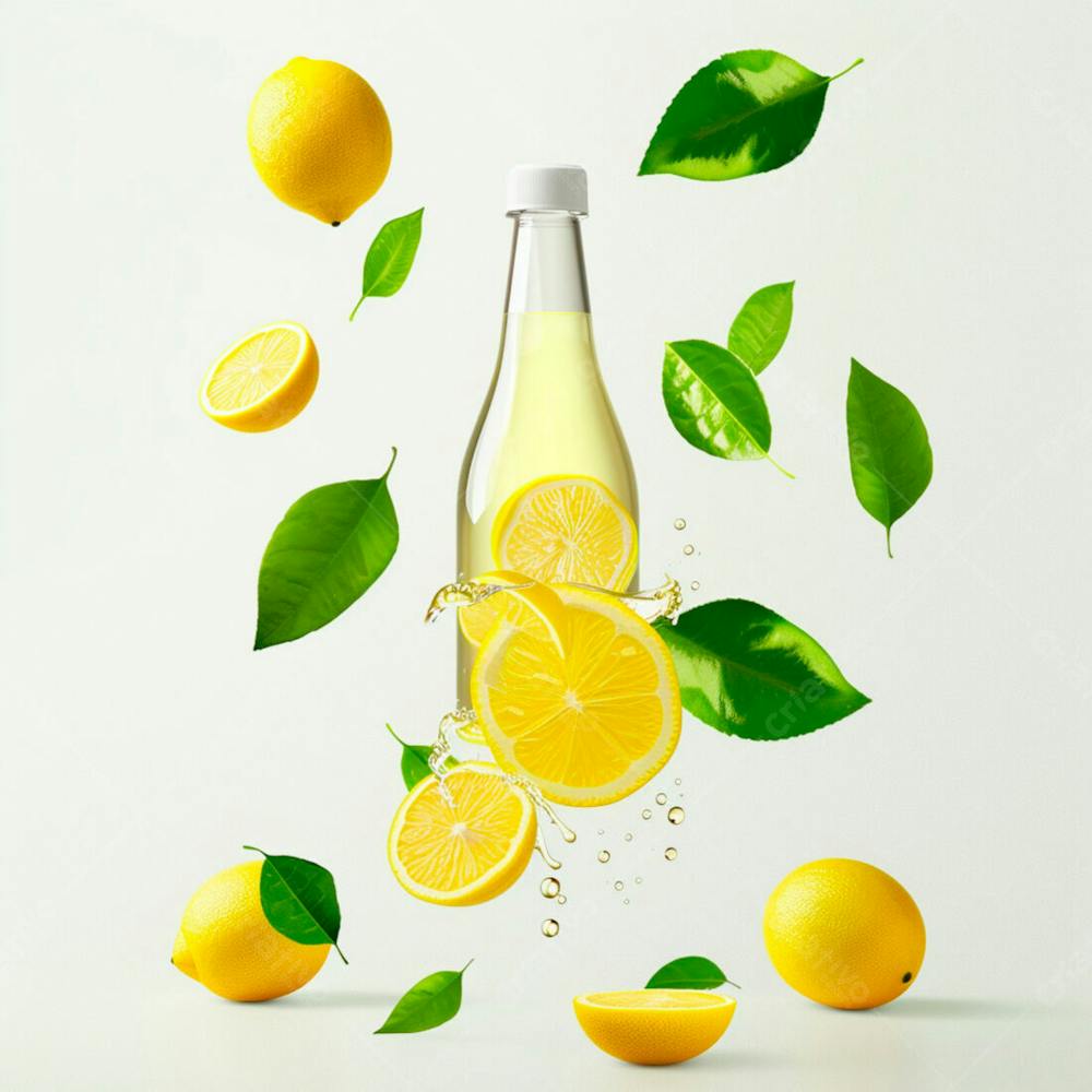 Garrafa De Suco De Limão Com Folhas E Limão Ao Redor 36