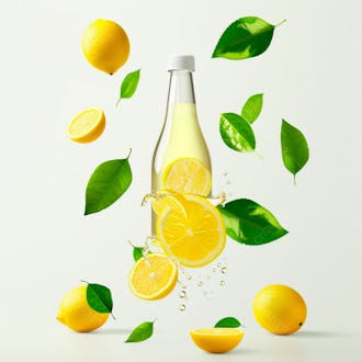 Garrafa de suco de limão com folhas e limão ao redor 36