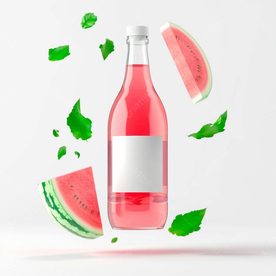 Suco de melancia em garrafa com fatias e folhas