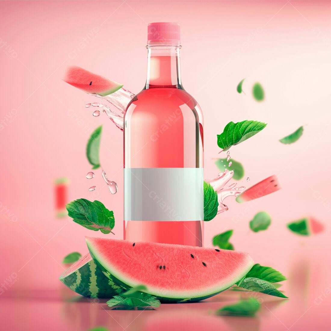 Suco de melancia em garrafa com fatias