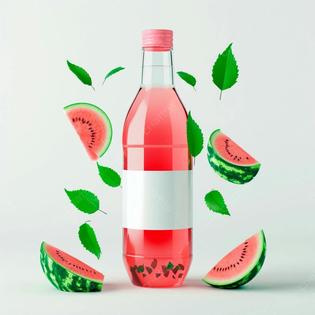 Suco de melancia em garrafa com fatias e folhas
