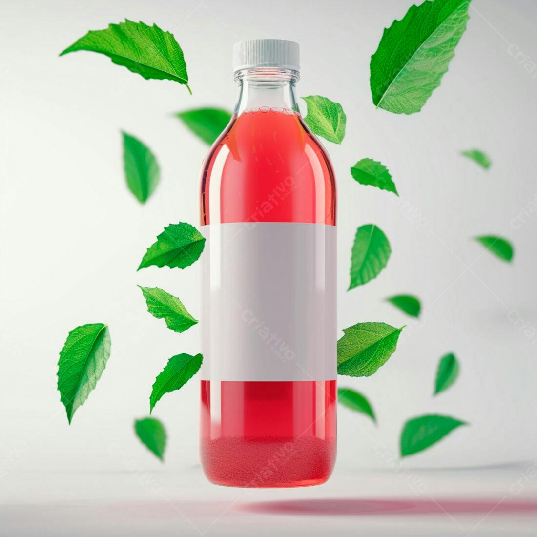 Garrafa de suco vermelho com folhas verdes