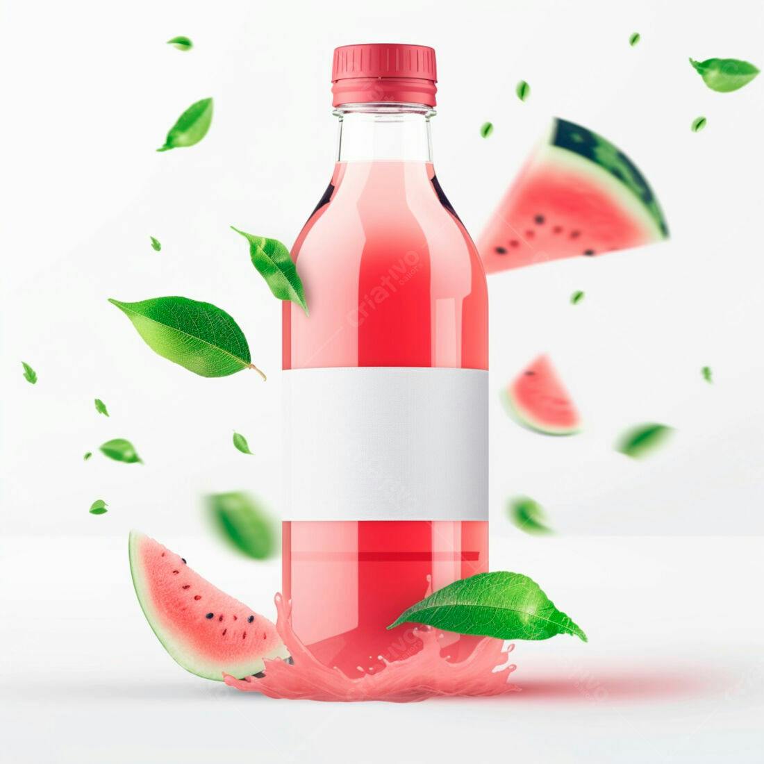 Suco de melancia em garrafa com fatias e folhas