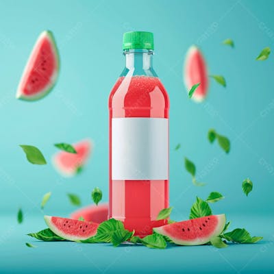 Garrafa De Suco De Melancia Com Folhas E Pequenos Pedaços De Melancia 13