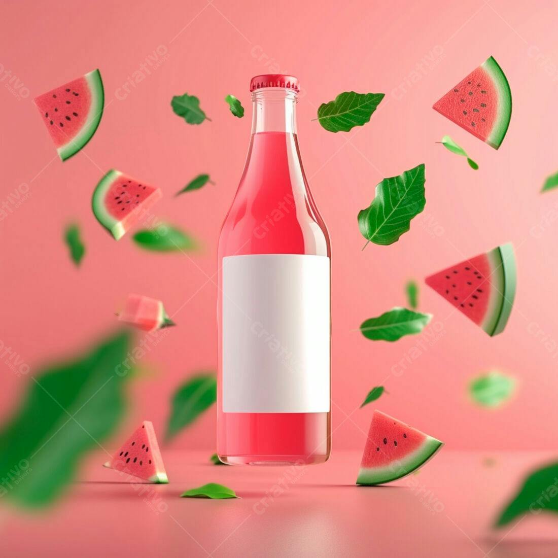 Suco de melancia em garrafa com fatias e folhas