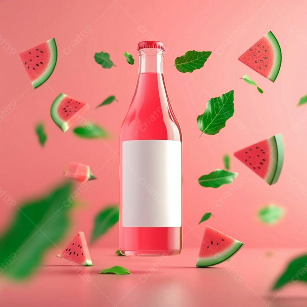 Garrafa De Suco De Melancia Com Folhas E Pequenos Pedaços De Melancia 14