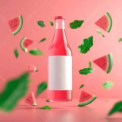 Garrafa De Suco De Melancia Com Folhas E Pequenos Pedaços De Melancia 14