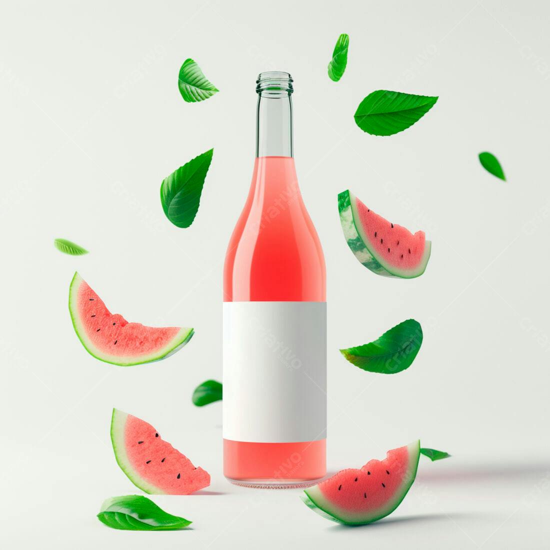 Suco de melancia em garrafa com fatias e folhas
