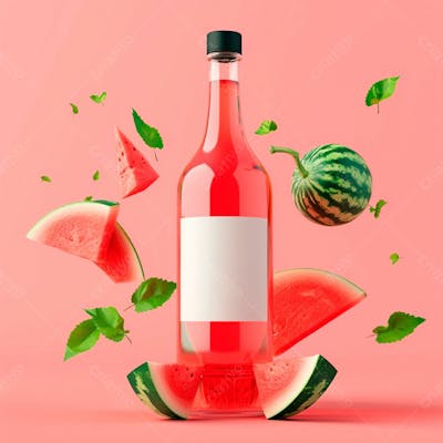 Garrafa De Suco De Melancia Com Folhas E Pequenos Pedaços De Melancia 16