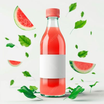 Garrafa De Suco De Melancia Com Folhas E Pequenos Pedaços De Melancia 17
