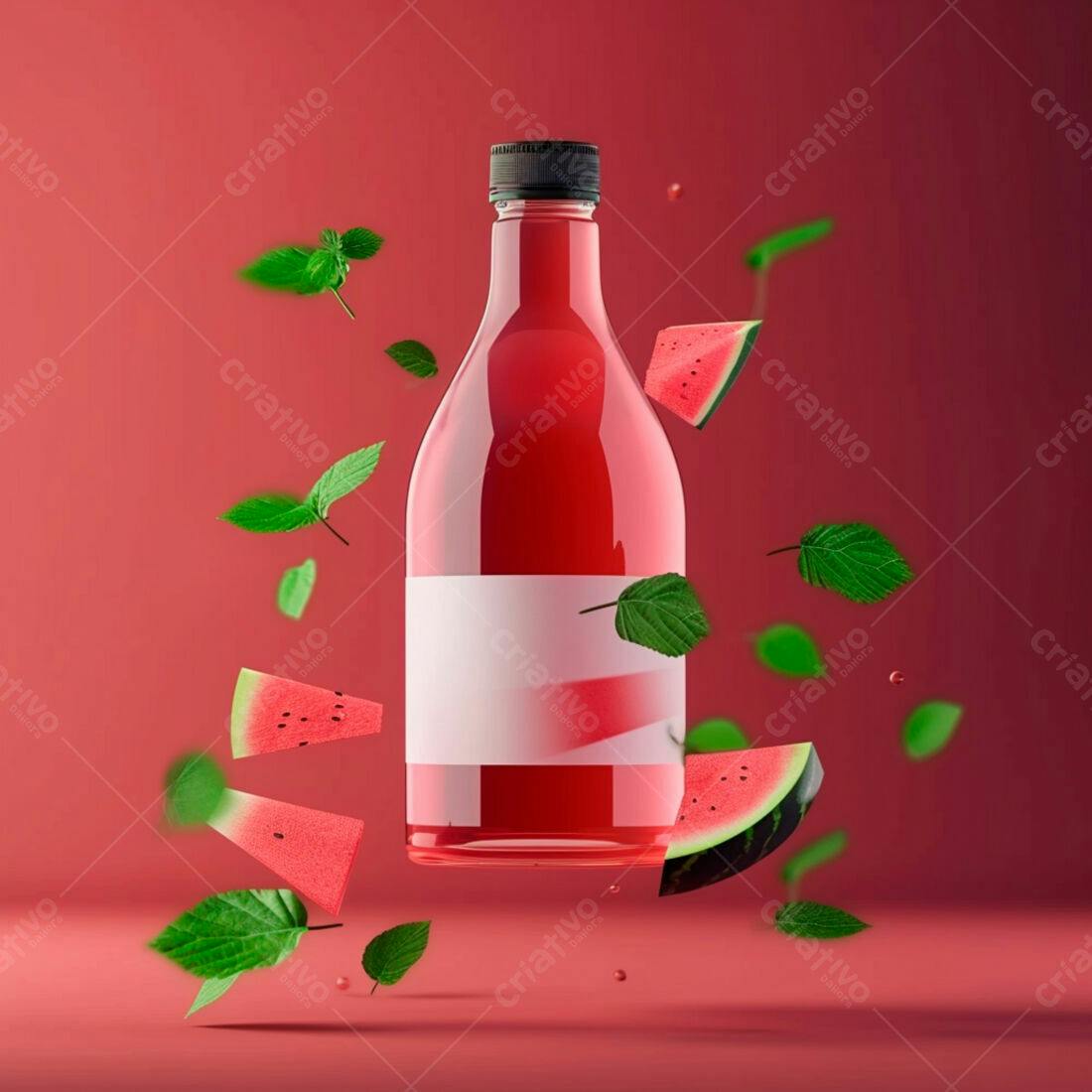 Suco de melancia em garrafa com fatias e folhas