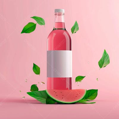 Garrafa De Suco De Melancia Com Folhas E Pequenos Pedaços De Melancia 19