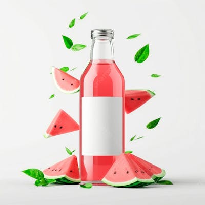 Garrafa De Suco De Melancia Com Folhas E Pequenos Pedaços De Melancia 20