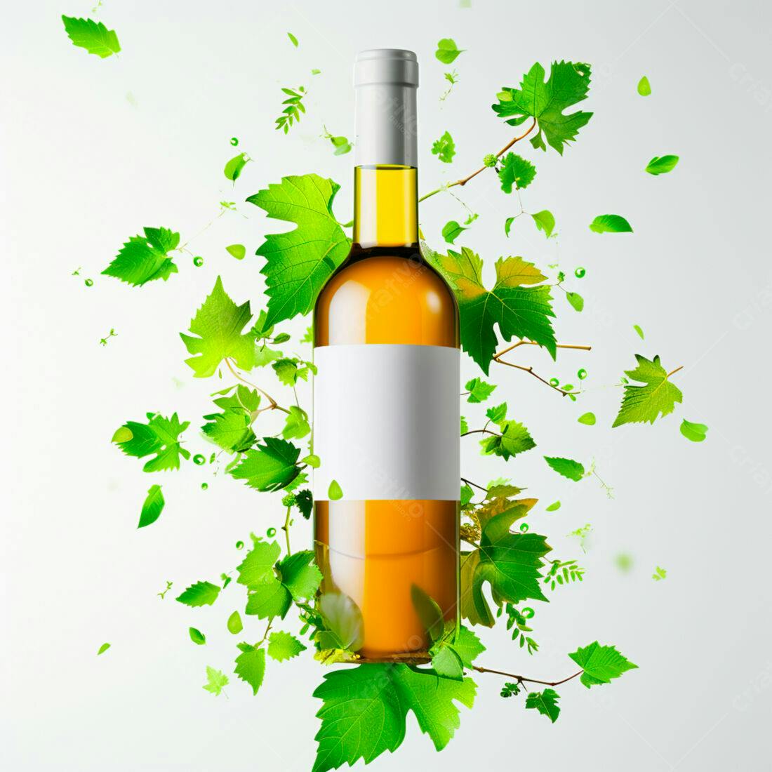 Garrafa de vinho branco com folhas verdes